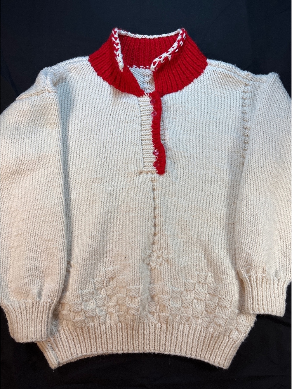 Vintage Hand Knit Cream Sweater Red Collar Button Neck Chunky Knit